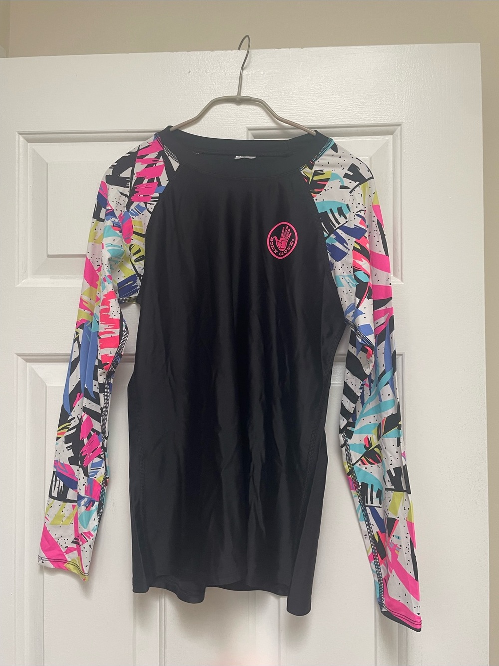 Body Glove Black Rash Guard with Neon Pink and Multi-Color Graphic Sleeves